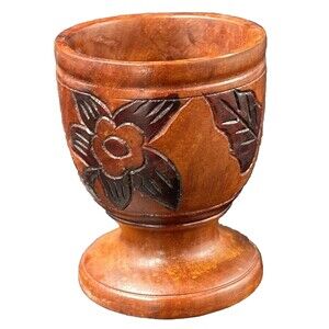 Vintage Hand Turned Wooden Footed Pedestal Bowl Cup Hand Carved 4 Inches Tall